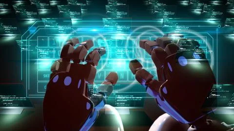3d render illustration of robot hand typing on virtual keytboard with pc compute Illustrazione stock