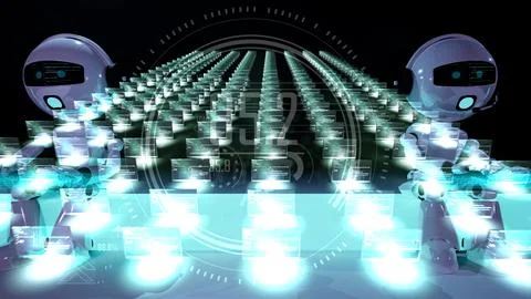 3d render illustration of robot hand typing on virtual keytboard with pc compute Stock Illustration