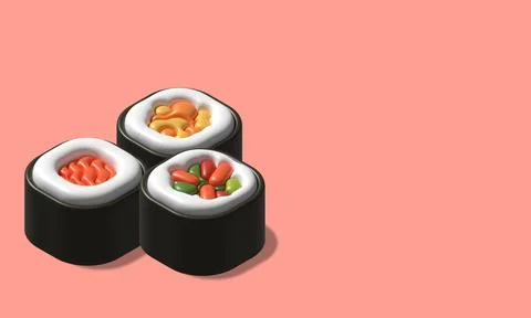3d render illustration roll sushi isolated. 3d illustration japanese sushi .. Illustrazione stock