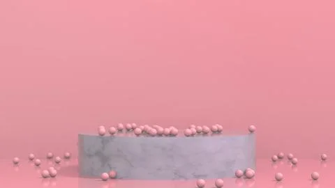 3D render illustration of salmon pink balls resting on marble podium Illustrazione stock