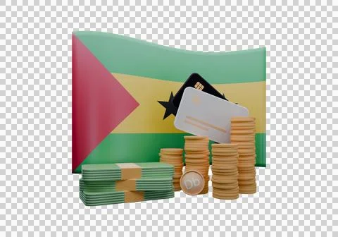 3D render illustration of Sao Tome and Principe flag and currency called Dobr Illustrazione stock