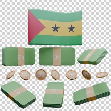 3D render illustration of Sao Tome and Principe flag and currency called Dobr Illustrazione stock