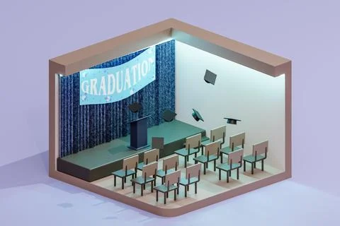 3D render illustration of school hall decorated for graduation. Isometric vie イラスト素材