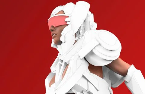 3d render illustration of sci-fi warrior woman in futuristic suit portrait. Illustrazione stock