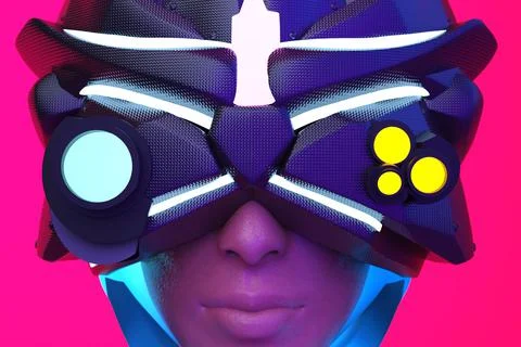 3d render illustration of sci-fi cyberpunk woman in futuristic helmet. Stock Illustration