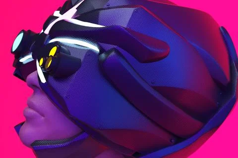 3d render illustration of sci-fi cyberpunk woman in futuristic helmet. Illustrazione stock