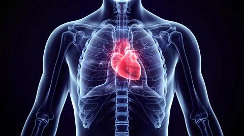 3D render illustration showing human body, bones, and a glowing red heart Stock Illustration