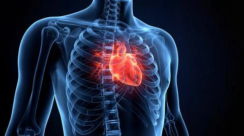 3D render illustration showing human body, bones, and a glowing red heart Stock Illustration