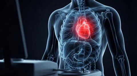 3D render illustration showing human body, bones, glowing red heart, monitor Stock Illustration