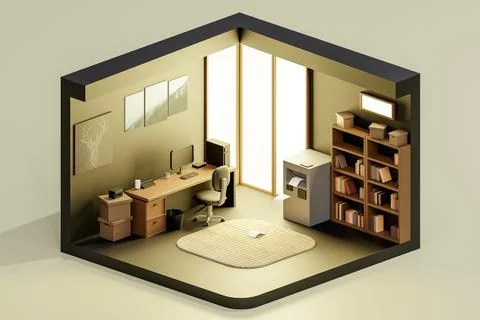 3D render illustration of simple home office interior. Isometric view Stock Illustration