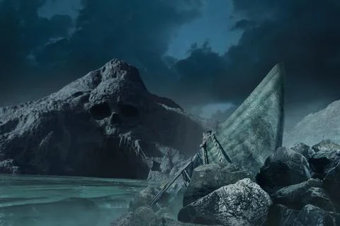 3d render illustration of skull cave with boat. Illustrazione stock