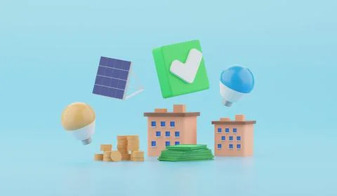 3d render illustration Solar Panel with energy saving bulb lamp Renewable energy Stock Illustration