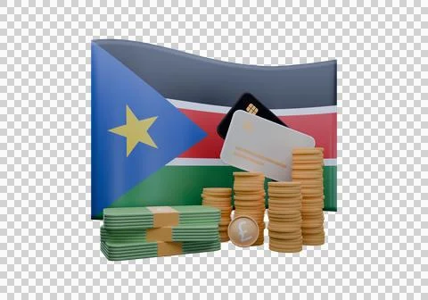 3D render illustration of South Sudan flag and currency called SS Pound Stockillustratie