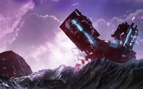 3d render illustration of spaceship on alien planet. Stock Illustration