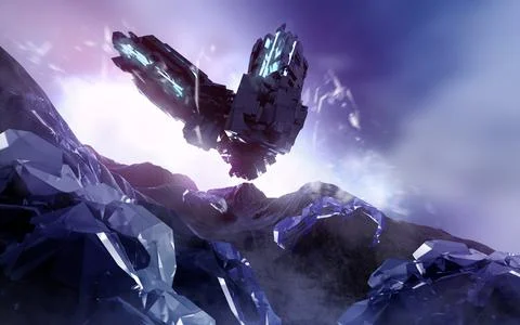 3d render illustration of spaceship on crystal planet. Stock Illustration