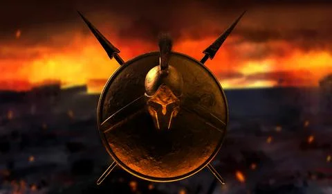 3d render illustration of spartan helmet and shield with spears composition. Stock Illustration