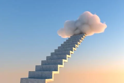 3D render illustration of staircase leading to white cloud イラスト素材