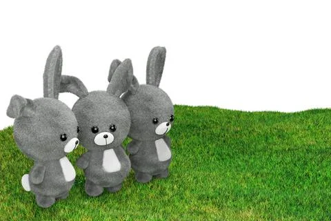 3d render illustration of stuffed toy rabbits on a grass meadow. イラスト素材