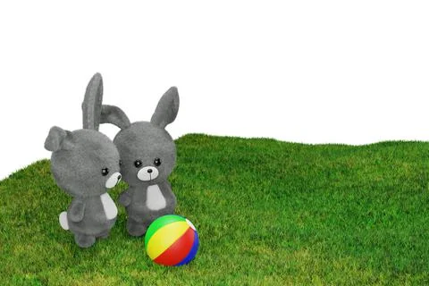 3d render illustration of stuffed toy rabbits playing ball on a grass meadow. Stock Illustration