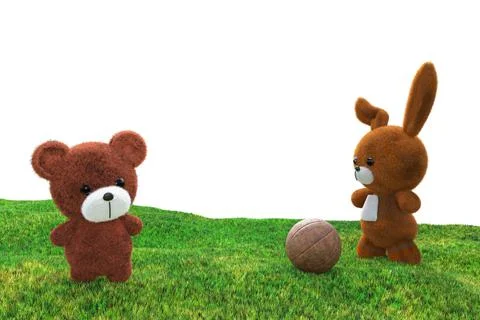 3d render illustration of stuffed toy bear and rabbit playing ball on a grass 스톡 일러스트