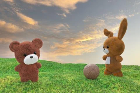 3d render illustration of stuffed toy bear and rabbit playing ball on a grass イラスト素材