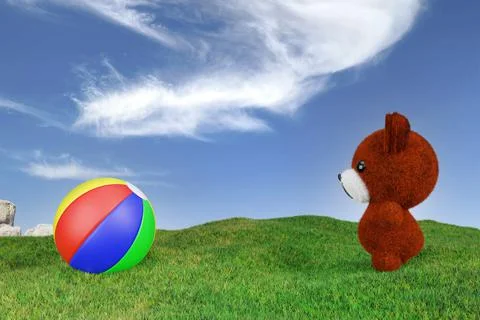 3d render illustration of stuffed toy bear playing ball on a grass meadow. Illustrazione stock