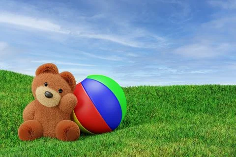 3d render illustration of stuffed toy bear playing ball on a grass meadow. イラスト素材