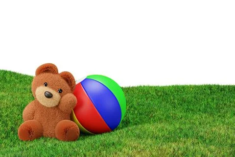 3d render illustration of stuffed toy bear playing ball on a grass meadow. イラスト素材