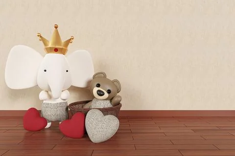 3d render illustration of stuffed toy elephant and teddy bear in a child room Stock Illustration