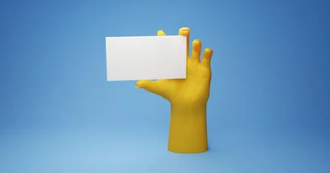 3d render illustration of a stylized yellow hand holding up a white card, bu Stock Illustration