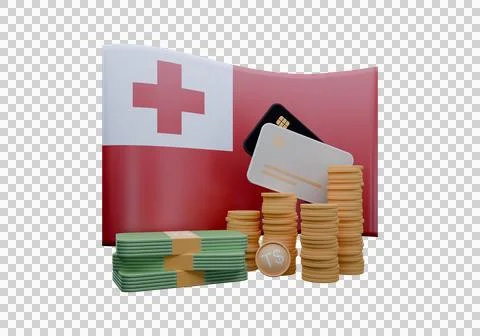3D render illustration of Tonga flag and currency called Paanga Stock Illustration