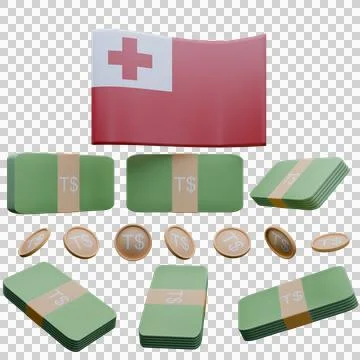 3D render illustration of Tonga flag and currency called Paanga Stock Illustration