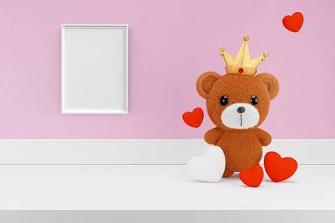 3d  render illustration of toy bear on white display shelf with picture frame イラスト素材
