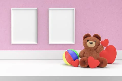 3d render illustration of toy bear on white display shelf with picture frames Illustrazione stock