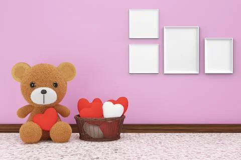 3d render illustration of toy bear model in a room with mock up picture flame Illustrazione stock