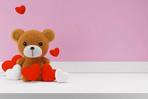 3d render illustration of toy bear model and hearts on white shelf. Kids room Illustrazione stock