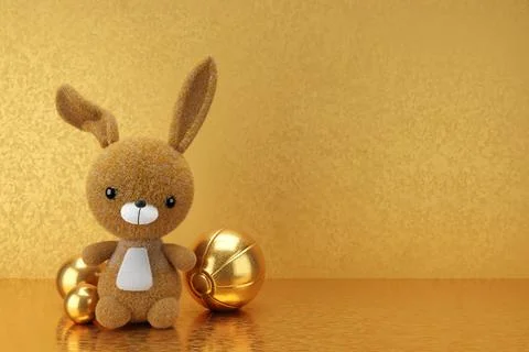 3d render illustration of toy rabbit on gold display shelf. Kid room mock up. Illustrazione stock
