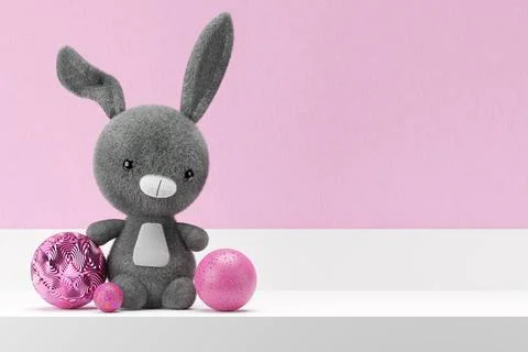 3d render illustration of toy rabbit on white display shelf. Kid room mock up イラスト素材