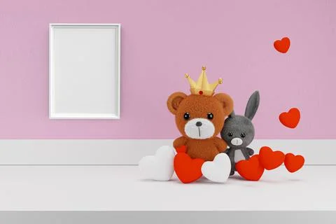 3d render illustration of toy rabbit and bear on white display shelf with pic Illustrazione stock