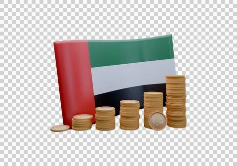 3D render illustration of United Arab Emirates flag and currency called Dirha Illustrazione stock