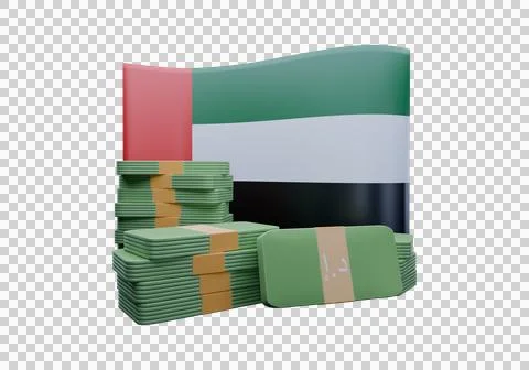 3D render illustration of United Arab Emirates flag and currency called Dirha Illustrazione stock
