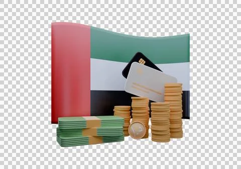 3D render illustration of United Arab Emirates flag and currency called Dirha Illustrazione stock