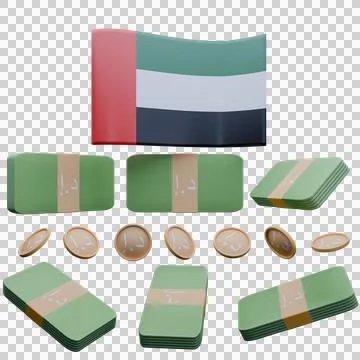 3D render illustration of United Arab Emirates flag and currency called Dirha Stock Illustration
