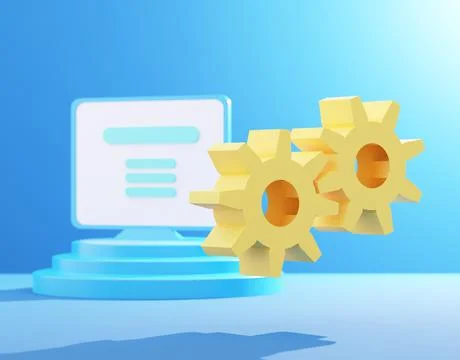 3d render illustration yellow gears with laptop computer on the blue background. Illustrazione stock