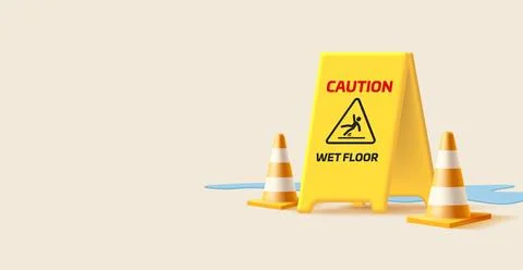 3d render illustration of yellow plastic wet floor sign with watter split a.. Stock Illustration