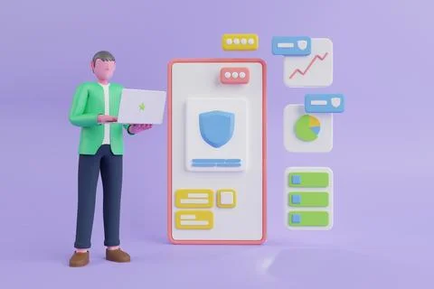 3d render illustration.Mobile security app on smartphone screen Ilustração Stock