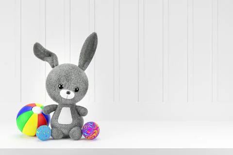 3d render ilustration of toy rabbit on pink display shelf. Kid room mock up. イラスト素材