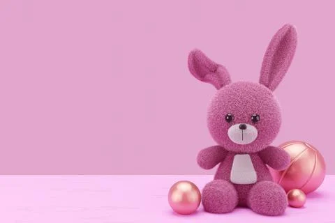 3d render ilustration of toy rabbit on pink display shelf. Kid room mock up. 스톡 일러스트