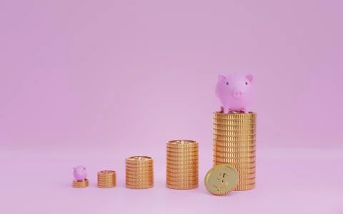 3D render image of coin stacks with piggy bank, saving or investment Stock Illustration