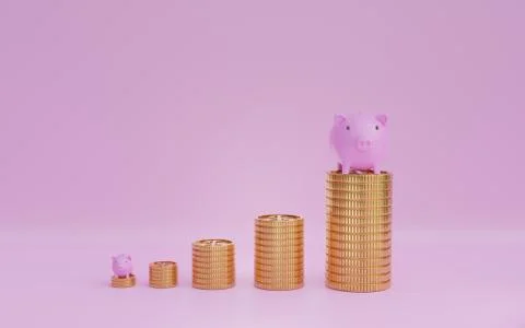 3D render image of coin stacks with piggy bank, saving or investment Stock Illustration